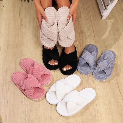 Fashion Corduroy Cross Band Home Slippers Women Autumn Winter Warm Plush Slides Woman Indoor Bedroom Soft Sole Cotton Slippers