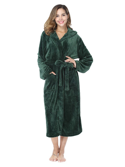 RONGTAI Womens Solid color Hooded Bathrobe Ladies Fleece Plush Warm Long Robes Fleece Nightgown Sleepwear