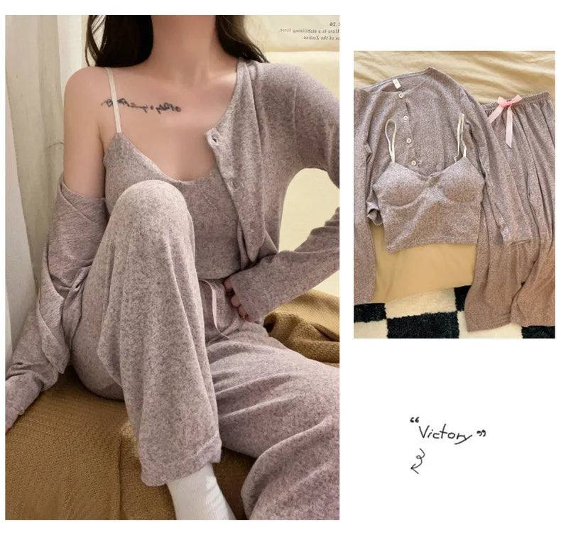 NHKDSASA 2024 Ladies Night Dress Lounge wear Sets Custom Luxury Bamboo Clothing Cotton Pijamas Women Sets Pajamas Top Robe Pants