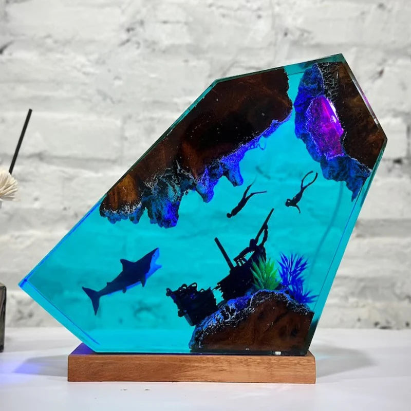 Seabed World Organism Resin Table Light Creactive Art Decoration Lamp Shark Sunken Ship Theme Night Light  USB Charge