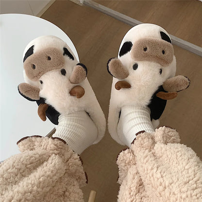 LItfun Fashion Winter Cotton Slippers Women Plush Lining House Slippers Lovely Milk Cow Women Slippers Fluffy Fuzzy Women Slides