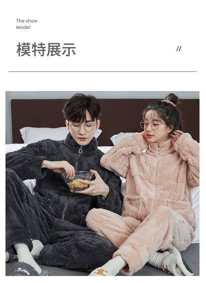 Couple Pajamas Set Autumn Winter Flannel Long Sleeve Zipper Long Plush Sleepwear Suit Men Nightcloth Thick Velvet Thermal Women