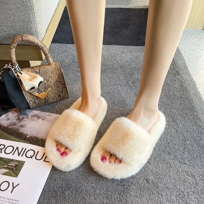 Fluffy Winter Warm Home Fur Furry Slippers Women Plush Shoes Indoor House Fuzzy Flip Flops Female Padded Fleece Living Bedroom