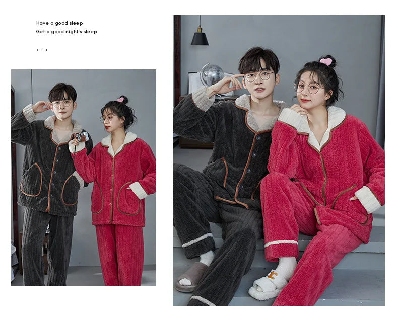 Couple Pajamas Set Autumn Winter Flannel Long Sleeve Zipper Long Plush Sleepwear Suit Men Nightcloth Thick Velvet Thermal Women