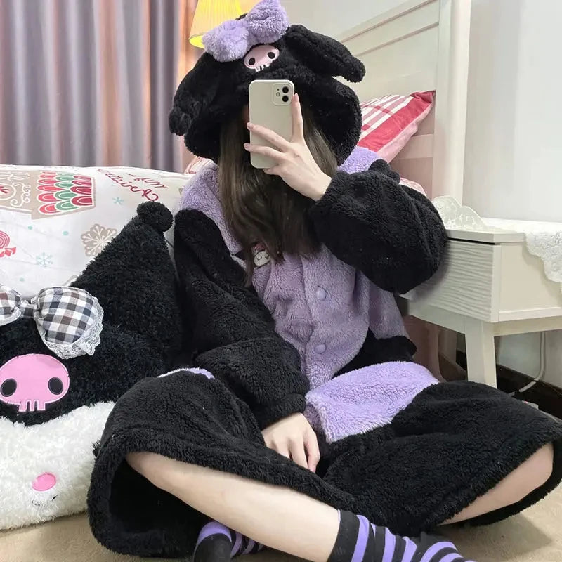 Sanrio Kuromi My Melody Kawaii Pajamas Women Cartoon Plush Oversize Autumn Winter Thicken Sweet Girl Long Pajama Home Clothes