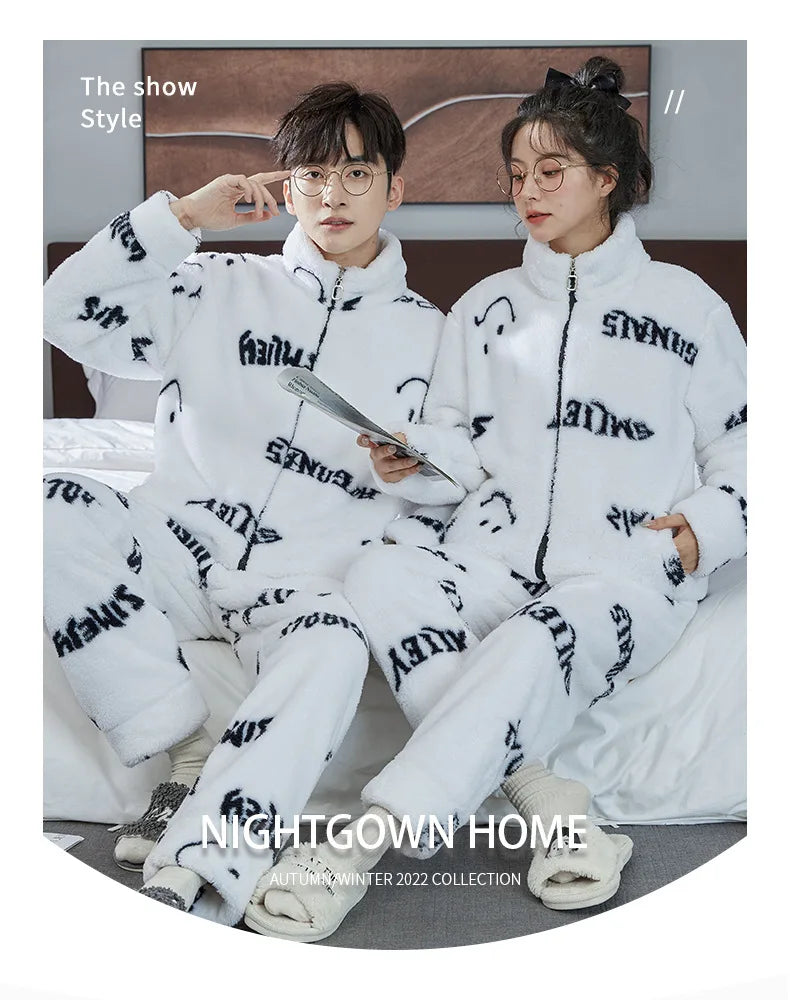 Couple Pajamas Set Autumn Winter Flannel Long Sleeve Zipper Long Plush Sleepwear Suit Men Nightcloth Thick Velvet Thermal Women