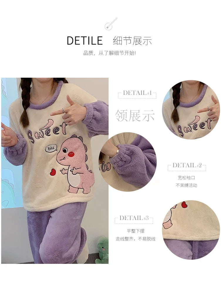 Winter Cute Duck Flannel Pajamas Set for Women Kawaiii Pattern Teddy Sleepwear for Girl Fashion Pullover Velvet Woman&