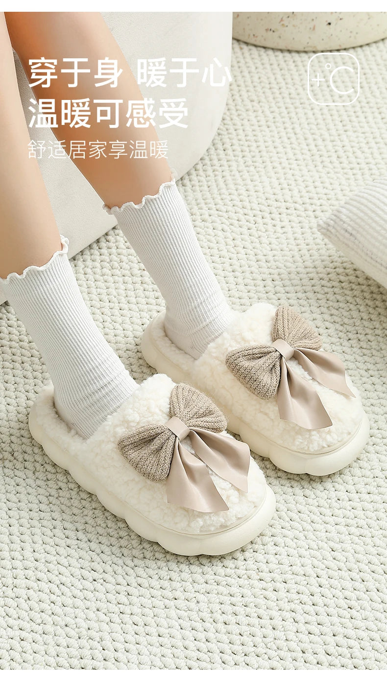 Big Bow Cute Plush Slippers QYCKABY 2024 New Winter Women Funny Elegant Fur Cotton Slippers Casual Warmth Indoor Floor Home Shoe