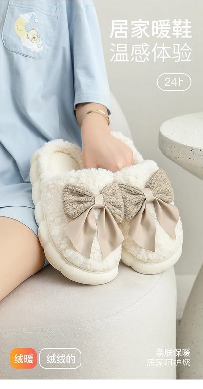 Big Bow Cute Plush Slippers QYCKABY 2024 New Winter Women Funny Elegant Fur Cotton Slippers Casual Warmth Indoor Floor Home Shoe