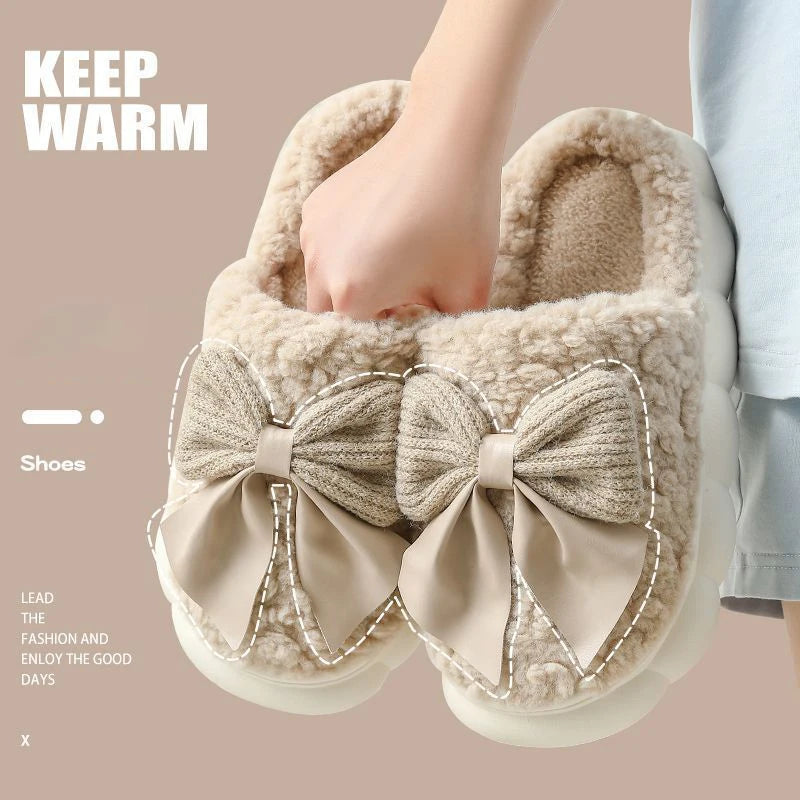 Cotton Bowknot Slippers Ladies Winter indoor Home Warm Fluffy Shoes Comfortable Slippers 3.5CM Thick Sole Antislip