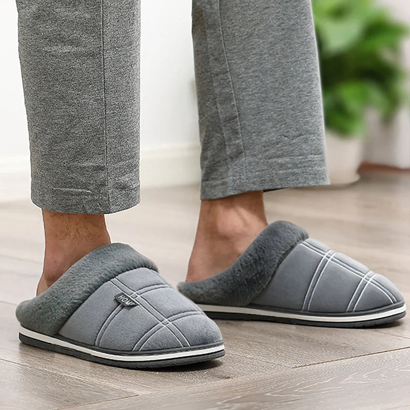 Large size 50-51 Plaid House Slippers for Man Memory Foam Winter Plush Indoor Male Shoes Warm Home Slippers 2023 Non Slip Black