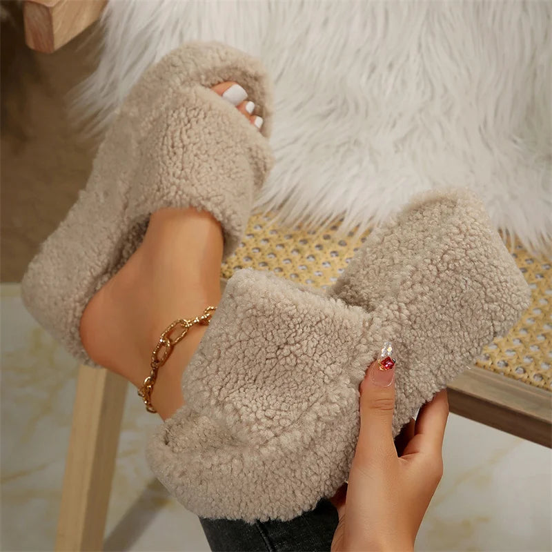 Autumn Winter Wedge Fluffy Slippers Woman 2024 New Home Fur Slippers for Women Chunky Platform Slides Cozy Fuzzy Indoor Shoes