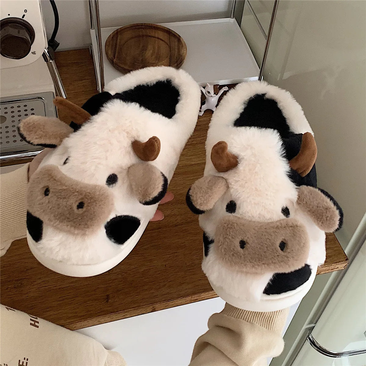 LItfun Fashion Winter Cotton Slippers Women Plush Lining House Slippers Lovely Milk Cow Women Slippers Fluffy Fuzzy Women Slides