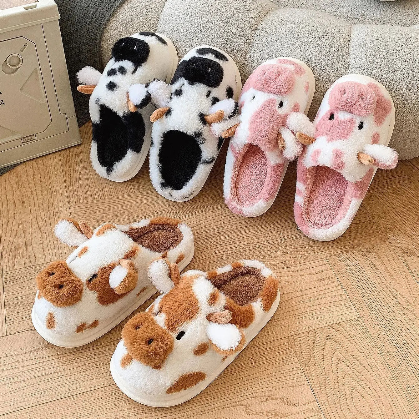 Comwarm Women Winter Cute Plush Cotton Slippers Indoor Warm Non-slip Milk Cow House Slippers Soft Fur Flufy Flat Bedroom Slides