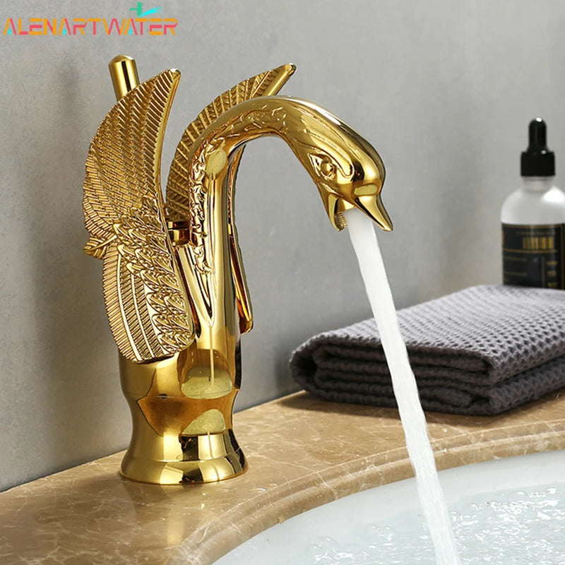 Golden Basin Faucet Deck Mount Sink Short Faucets Swan Shape Single Handle Sink Hot Cold Water Mixer Tap