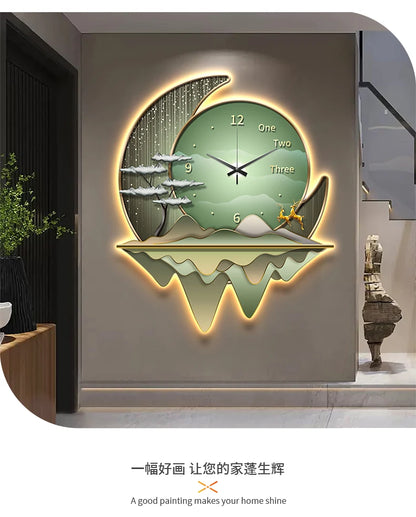 Light luxury restaurant decoration painting creative clock wall lamp 2024 new living room clock silent background wall clock