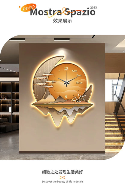 Light luxury restaurant decoration painting creative clock wall lamp 2024 new living room clock silent background wall clock