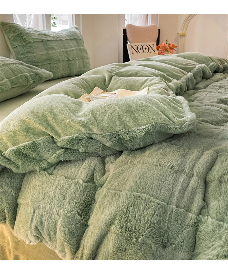 Faux Rabbit Fur Autumn Winter Warm Bedding Set Plush Skin Friendly Breathable Warmth Duvet Cover Set Queen Cozy Quilt Cover Sets