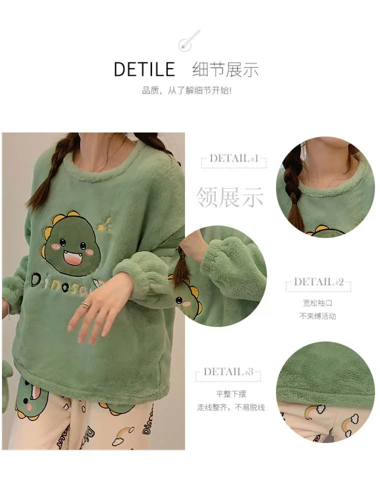 Winter Cute Duck Flannel Pajamas Set for Women Kawaiii Pattern Teddy Sleepwear for Girl Fashion Pullover Velvet Woman&