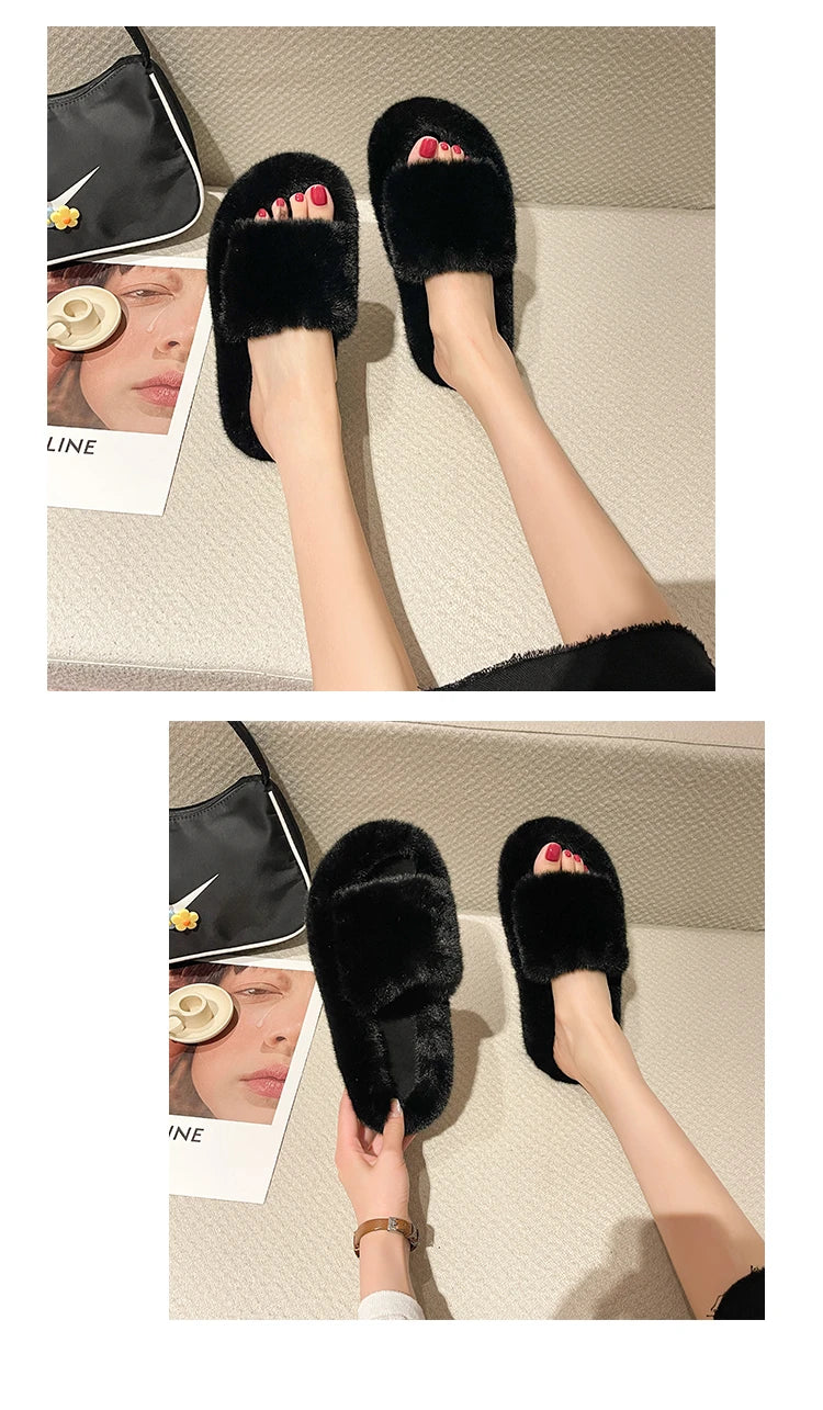 Fluffy Winter Warm Home Fur Furry Slippers Women Plush Shoes Indoor House Fuzzy Flip Flops Female Padded Fleece Living Bedroom