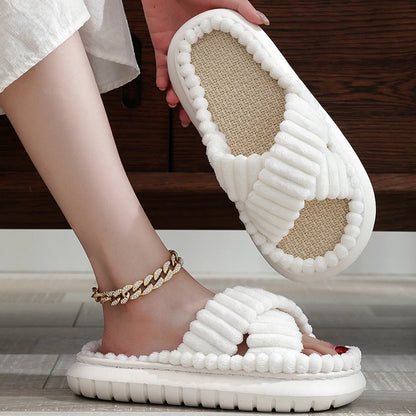 2024 Autumn Winter New Women Home Slippers Open-Toe Cross Band Linen Soled Indoor Slides Linen Soled Non-Slip Bathroom Slippers