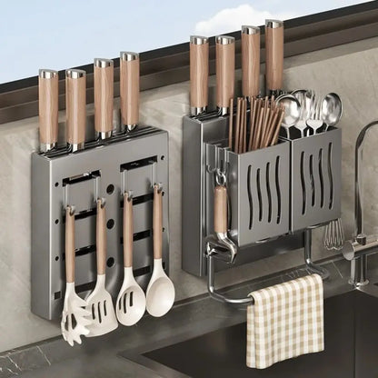 Multifunctional Kitchen Utensil Rack Wall-Mounted ABS Freestanding Cutlery Storage Box Punch Free Draining Chopstick Holder