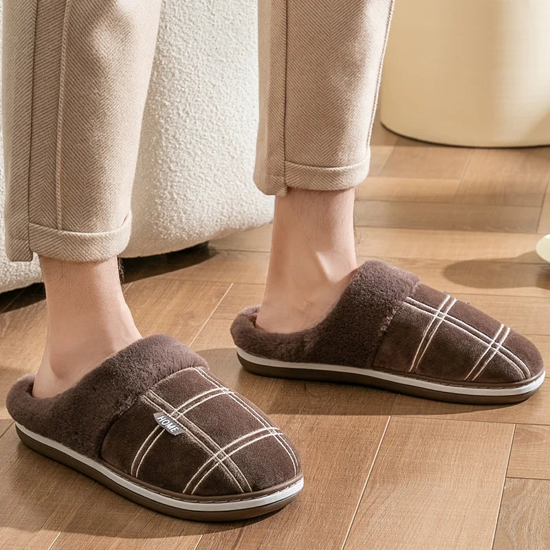 Large size 50-51 Plaid House Slippers for Man Memory Foam Winter Plush Indoor Male Shoes Warm Home Slippers 2023 Non Slip Black