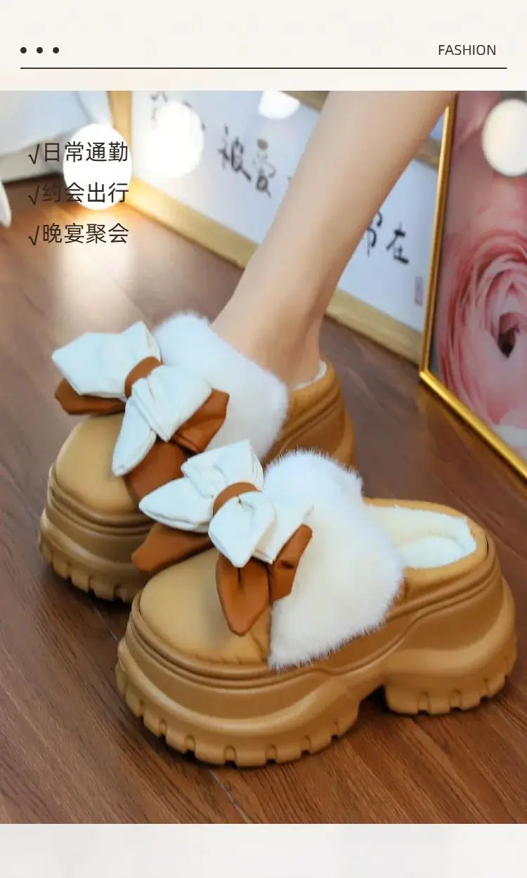 winter slippers women indoor/ outdoor fashion slides shoes with bowknot ladies chunky slippers