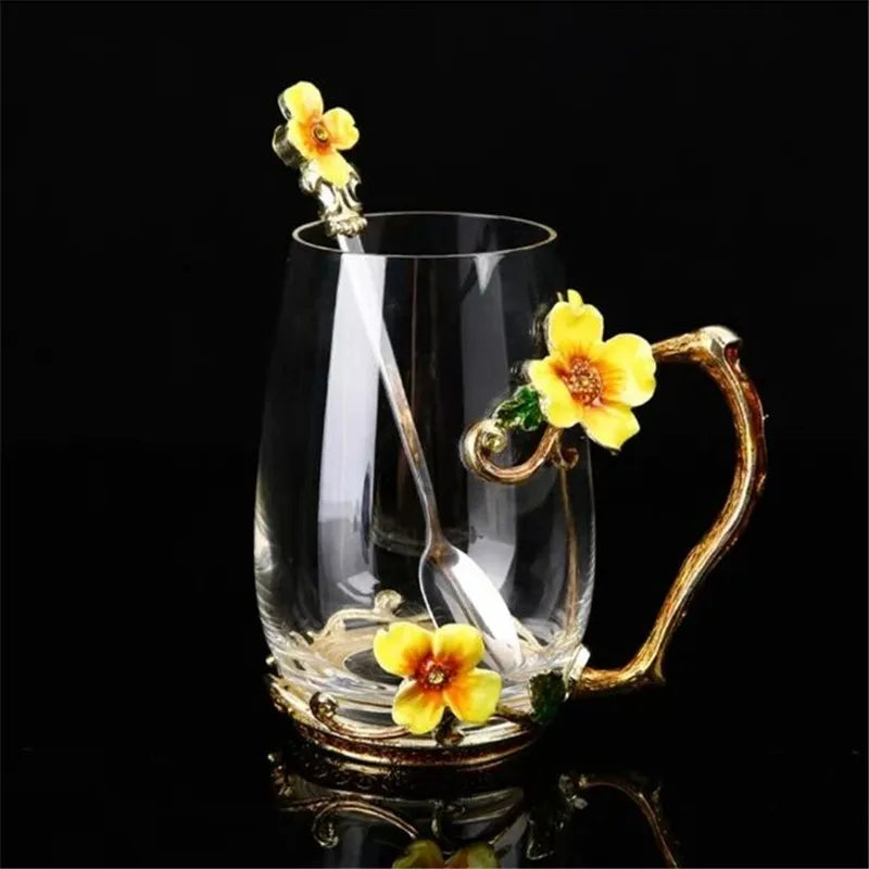 Hand-made Enamel Coffee Mug Crystal Cup Milk Lemon Flower Tea Cup High-grade Glass Drinkware Gift Couple Mug For Lover Wedding