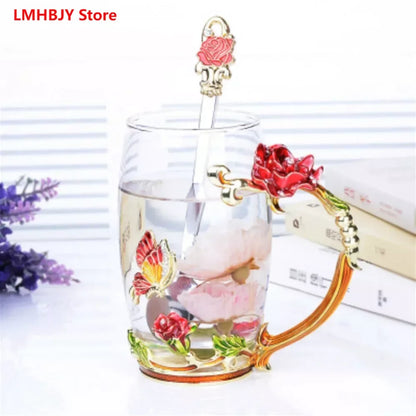 Enamel Transparent Glass Coffee Tea Mug Blue Roses Heat-Resistant Cup Set with Stainless Steel Spoon Coaster and Wipe Cloth