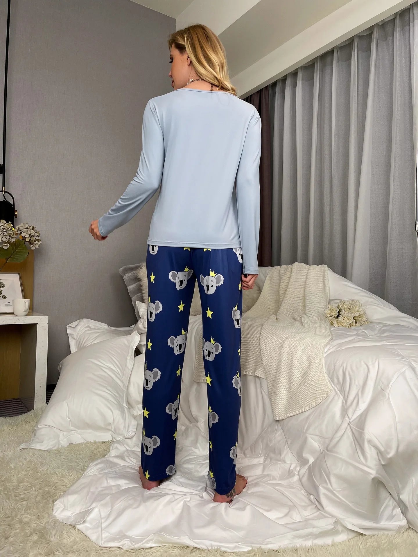 SUKAE Koala King Cartoon Nightwear Autumn Winter Pjs New Thin Women Pajamas Set Round Neck Long Sleeves Pijamas Casual Sleepwear