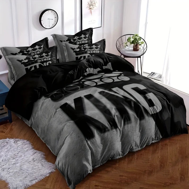 Duvet Cover Set 3 Pcs of Grey and Black King Size Bed Pattern Down Duvet Cover Set, Soft and Comfortable Decorative Bedding Set