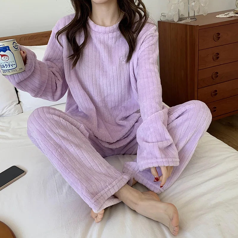 Kawaii Women Pyjamas Sets  Autumn Winter Warm Flannel Thick Homewear Long Sleeve Cartoon Sleepwear Female Pajamas Suit 2 Piece