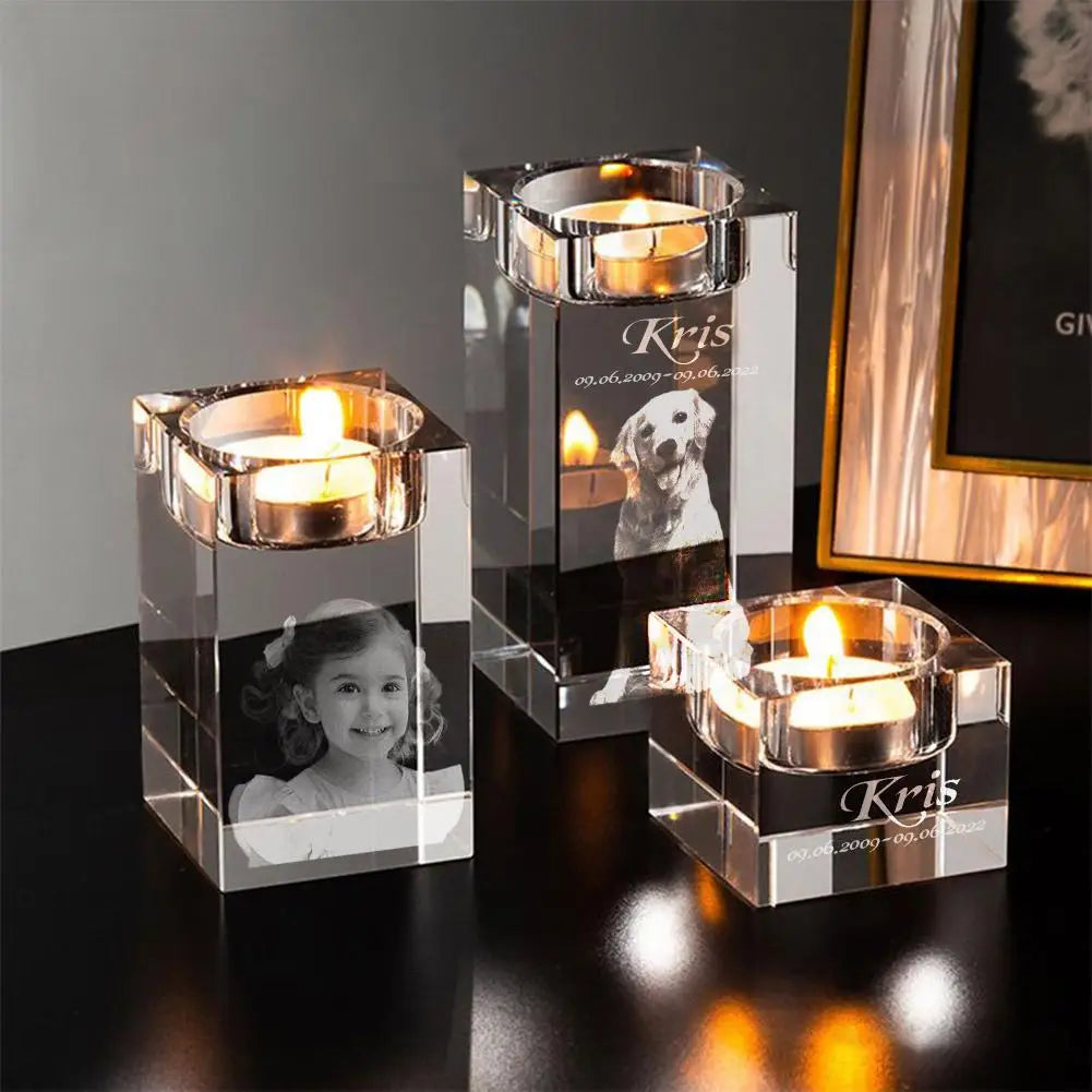 Personalized 3D Photo Crystal Candle Holder Custom Engraved Clear Crystal Candlestick With Picture Text Christmas Birthday Gift