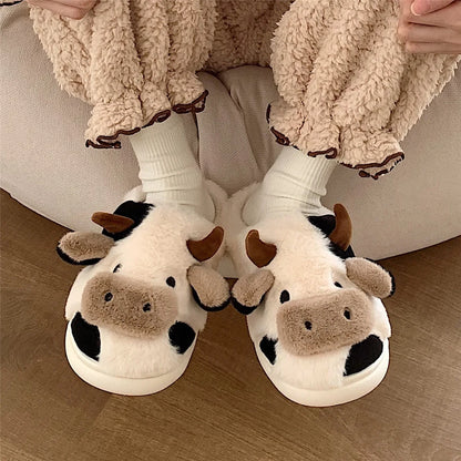 LItfun Fashion Winter Cotton Slippers Women Plush Lining House Slippers Lovely Milk Cow Women Slippers Fluffy Fuzzy Women Slides