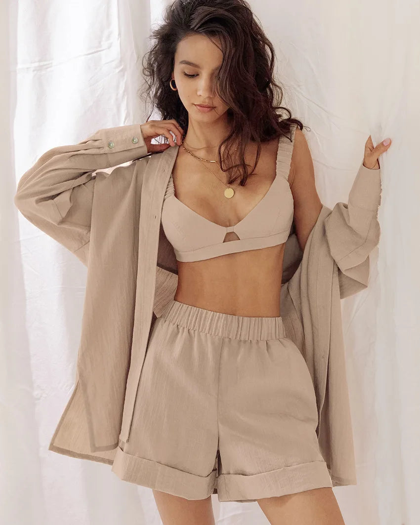 Homewear Bamboo Joint Cotton Women Loose Shirt + Underwear + Short Pants 3 Pieces Sets Summer High Waist Short Sets Shirts Suit