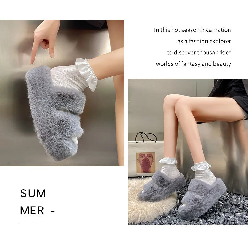 Summer Home Furry Fur Slides Plush Slippers Fluffy Flip Flops Luxury Slip on Platform Female 2024 Zapato De Mujer Designer