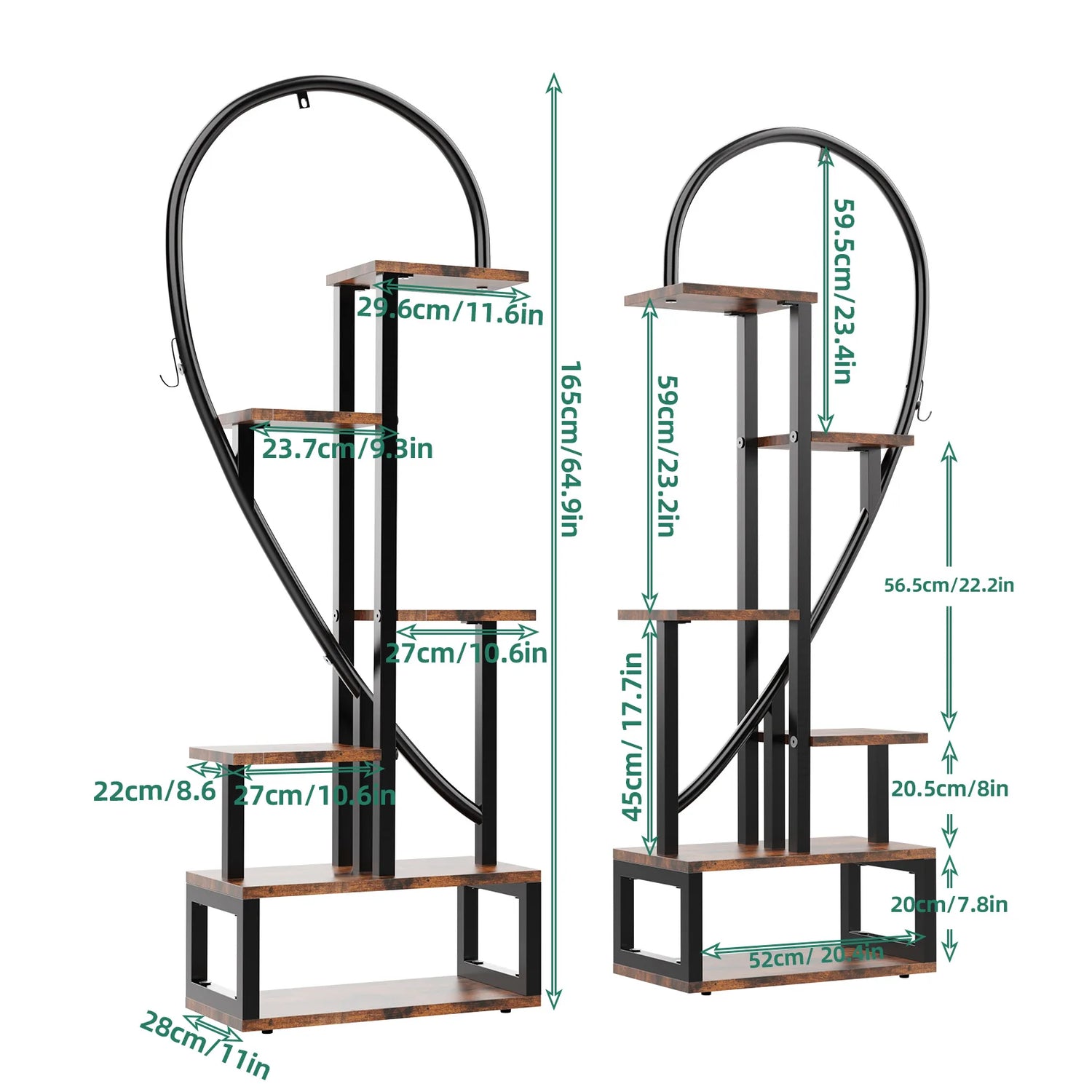 2X Plant Stand Half Heart Shaped Multiple Planter Rack Flower Display with Hooks 20 Pots Garden Ladder Planting Shelf