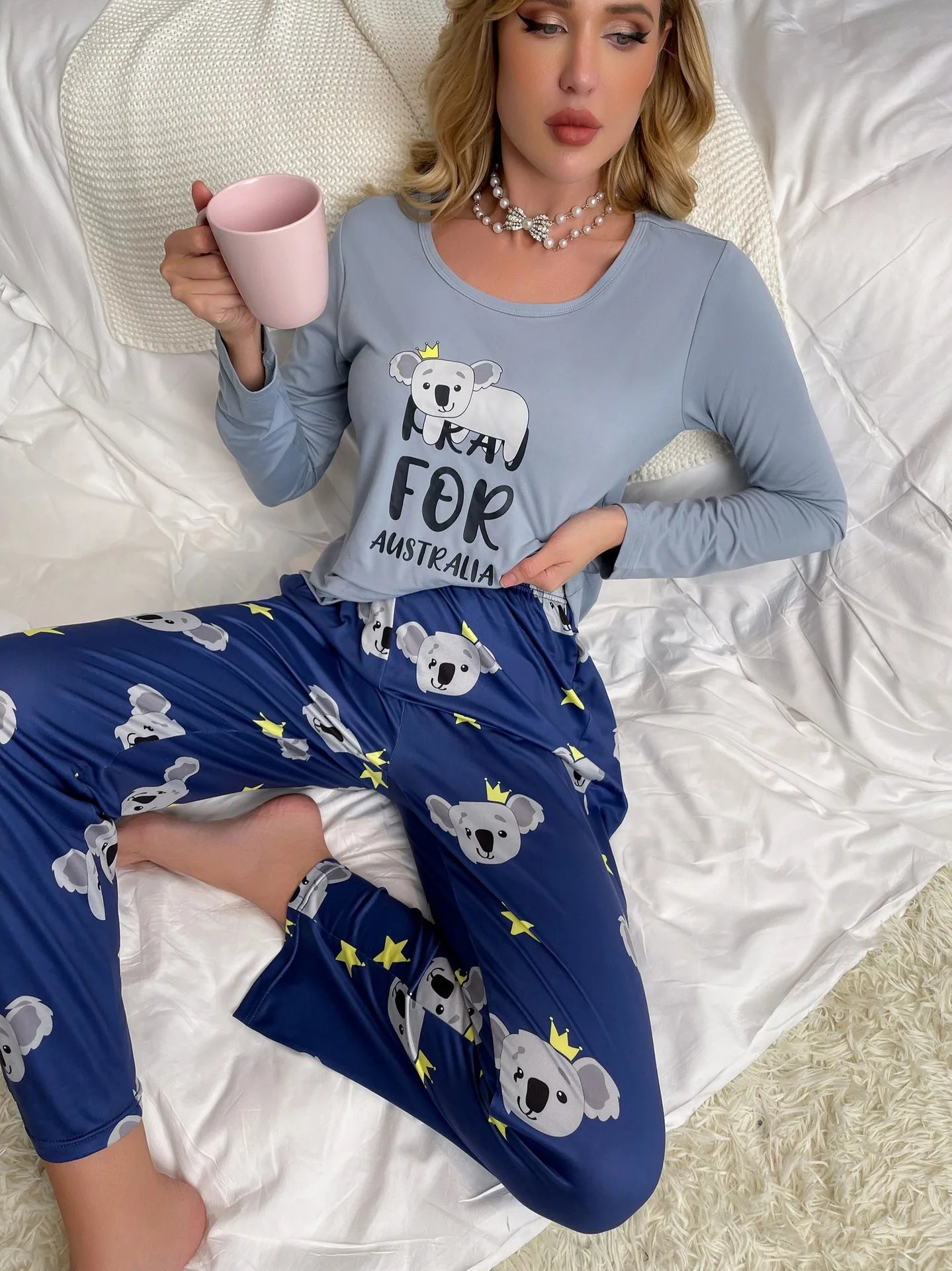 SUKAE Koala King Cartoon Nightwear Autumn Winter Pjs New Thin Women Pajamas Set Round Neck Long Sleeves Pijamas Casual Sleepwear