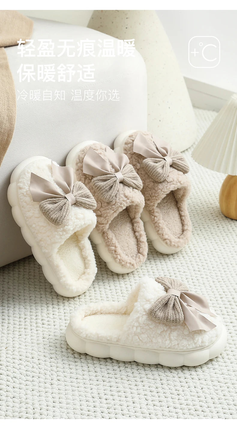 Big Bow Cute Plush Slippers QYCKABY 2024 New Winter Women Funny Elegant Fur Cotton Slippers Casual Warmth Indoor Floor Home Shoe