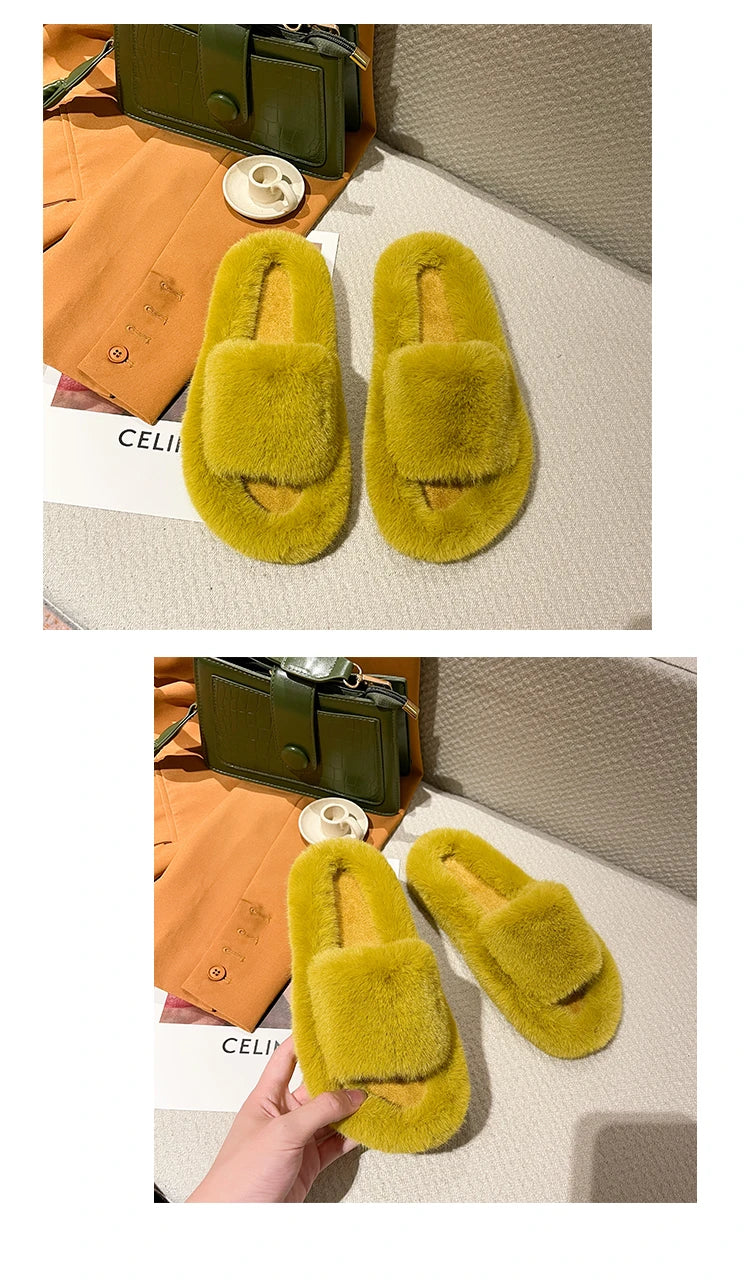 Fluffy Winter Warm Home Fur Furry Slippers Women Plush Shoes Indoor House Fuzzy Flip Flops Female Padded Fleece Living Bedroom