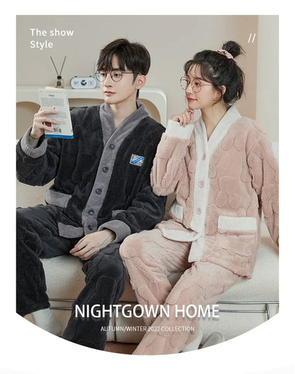 Couple Pajamas Set Autumn Winter Flannel Long Sleeve Zipper Long Plush Sleepwear Suit Men Nightcloth Thick Velvet Thermal Women