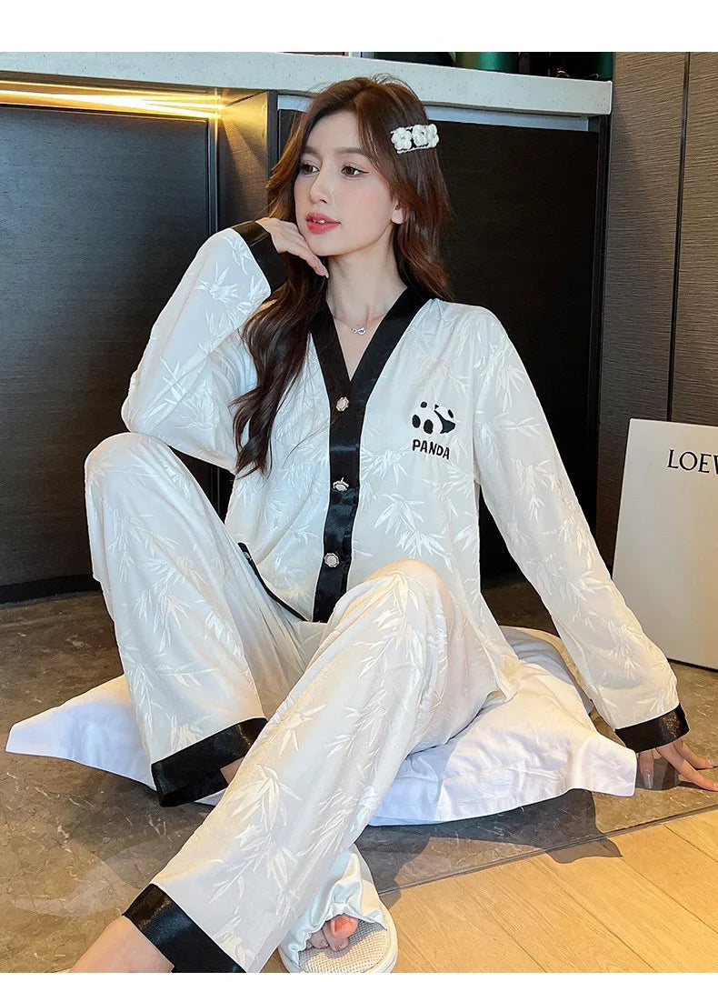 2023 New V Neck Nightwear Pyjama Femme Petite Women Pajamas Set Velvet Panda Bamboo Pattern Sleepwear Casual Homewear