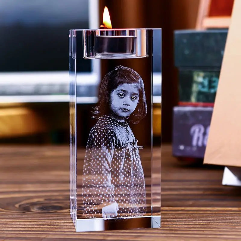 Personalized 3D Photo Crystal Candle Holder Custom Engraved Clear Crystal Candlestick With Picture Text Christmas Birthday Gift