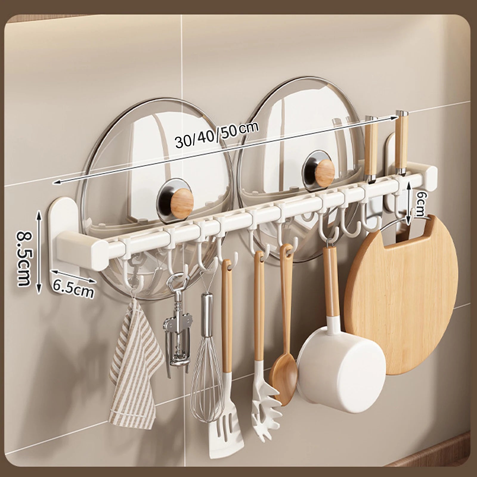 Wall Mounted Kitchen Hook Rack No-Punching Wall Hangers Rail Kitchen Utensils Rack Spoon Shovel Chopping Board Storage Rack