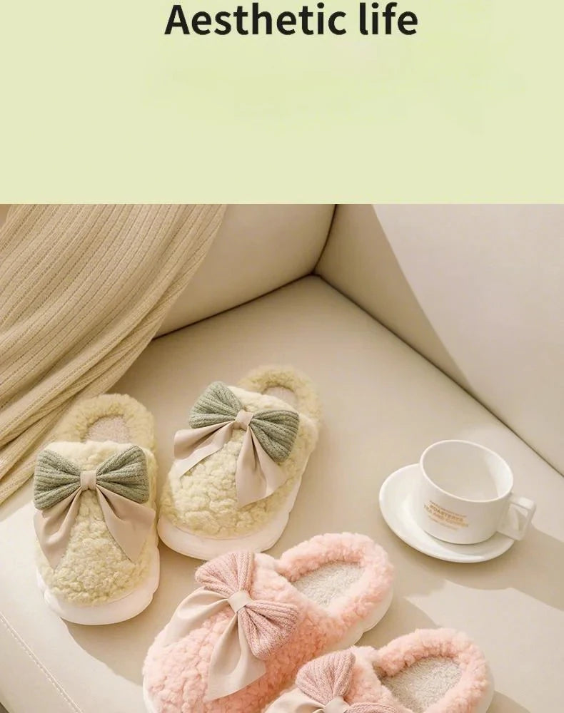 Cotton Bowknot Slippers Ladies Winter indoor Home Warm Fluffy Shoes Comfortable Slippers 3.5CM Thick Sole Antislip