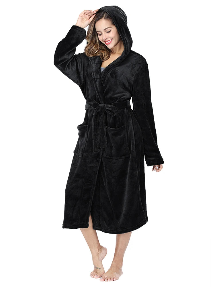 RONGTAI Womens Solid color Hooded Bathrobe Ladies Fleece Plush Warm Long Robes Fleece Nightgown Sleepwear