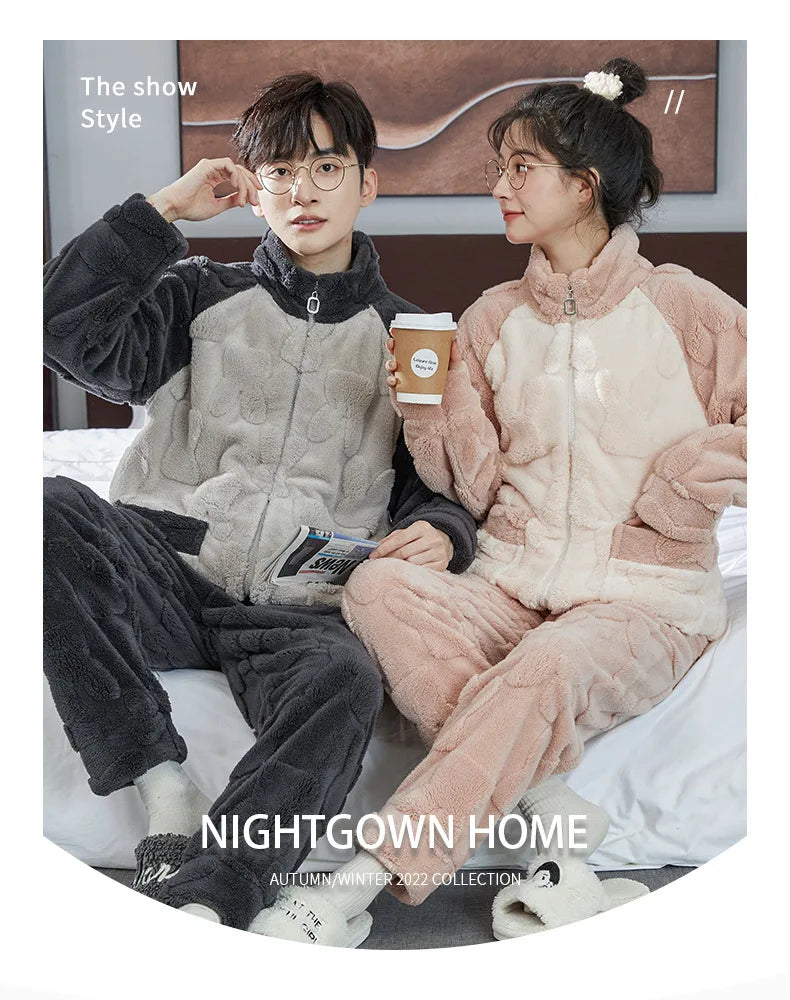 Couple Pajamas Set Autumn Winter Flannel Long Sleeve Zipper Long Plush Sleepwear Suit Men Nightcloth Thick Velvet Thermal Women