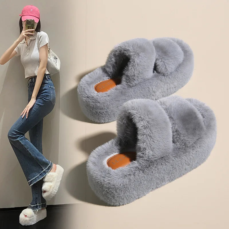 Summer Home Furry Fur Slides Plush Slippers Fluffy Flip Flops Luxury Slip on Platform Female 2024 Zapato De Mujer Designer