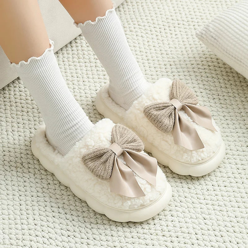 Big Bow Cute Plush Slippers QYCKABY 2024 New Winter Women Funny Elegant Fur Cotton Slippers Casual Warmth Indoor Floor Home Shoe